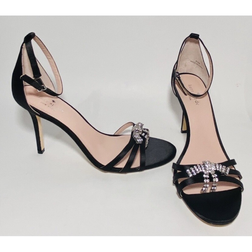 Kate Spade Heels Ingrida Black Satin Ankle Strap Sling back Jeweled Stiletto 9.5